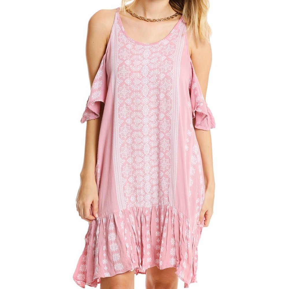 NWT Dusty Rose Arabesque Cutout-Shoulder Ruffle Hi-Low Dress - M